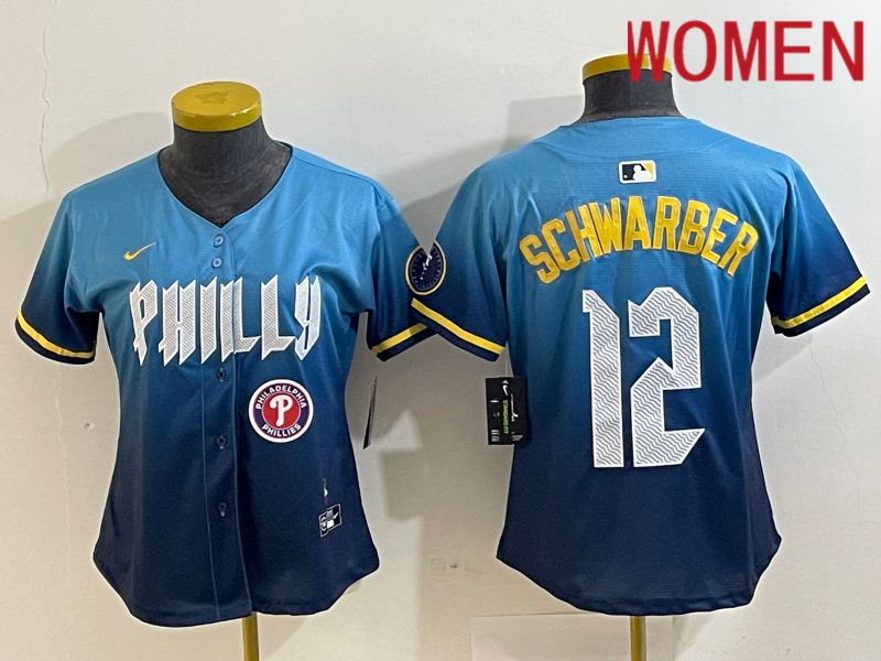 Women Philadelphia Phillies #12 Schwarber Blue City Edition Nike 2024 MLB Jersey style 4